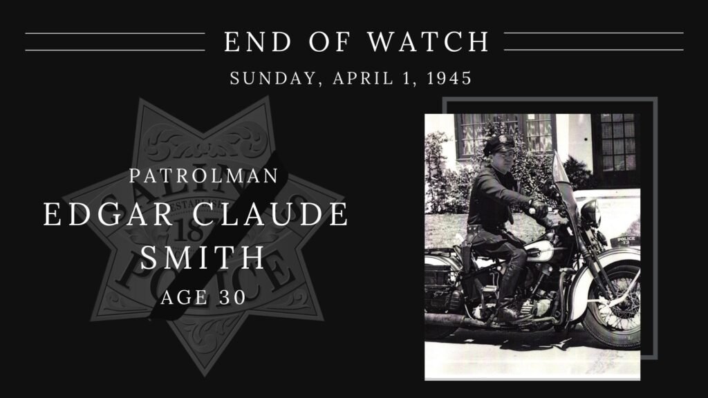 Memorial card honoring Salinas Police Officer Edgar Claude Smith, who was killed in the line of duty.