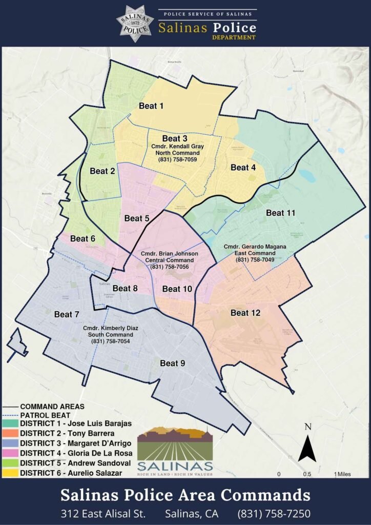 Map of Salinas showing Police Department Area Commands divided into Beats 1 through 12, with each beat assigned to North, Central, East, or South Command.