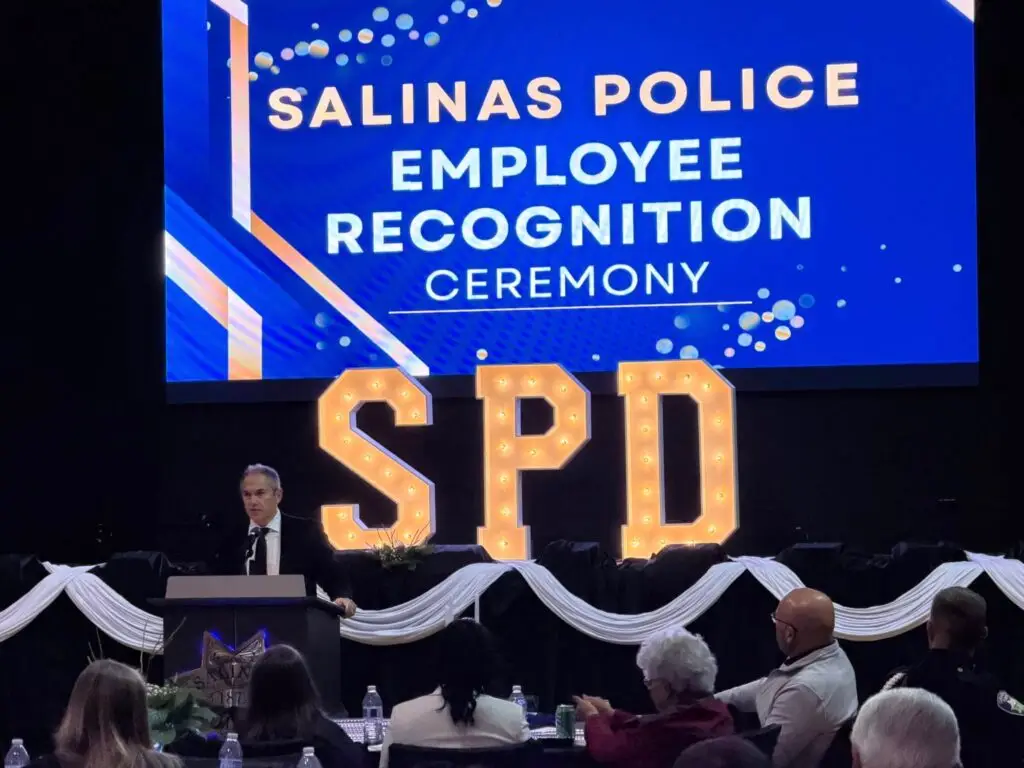 Salinas Police Department Employee Recognition Event with Chief Acosta addressing the audience.