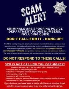 Scam Alert graphic warning the public about spoofed phone calls from individuals posing as law enforcement.