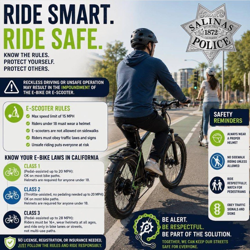 Flyer titled “Ride Safe. Ride Smart.” explaining e‑bike and e‑scooter laws.